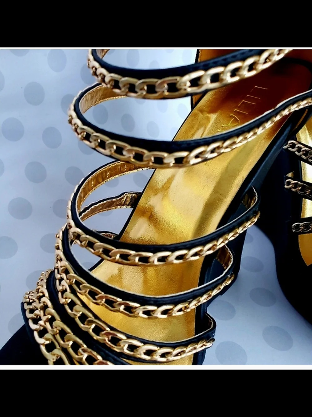*LIILIANA Black Gold Chain Caged Platform Wedges High Heels Sandals Size 8.5 NIB
